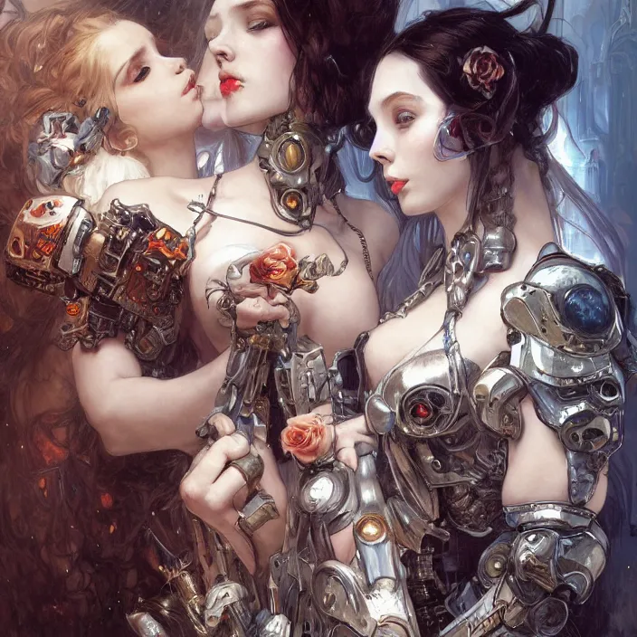 Image similar to portrait of two beautiful pale gothic cyborg maidens kissing, warhammer 40000, cyberpunk, intricate, elegant, highly detailed, digital painting, artstation, concept art, smooth, sharp focus, illustration, art by artgerm and greg rutkowski and alphonse mucha and Gustav Klimt