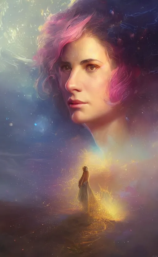 Prompt: the great beyond, sharp focus, intricate, elegant, digital painting, artstation, matte, highly detailed, concept art, illustration, volumetric lighting, gold and blue and pink color scheme, bokeh light, art by greg olsen and liz lemon swindle