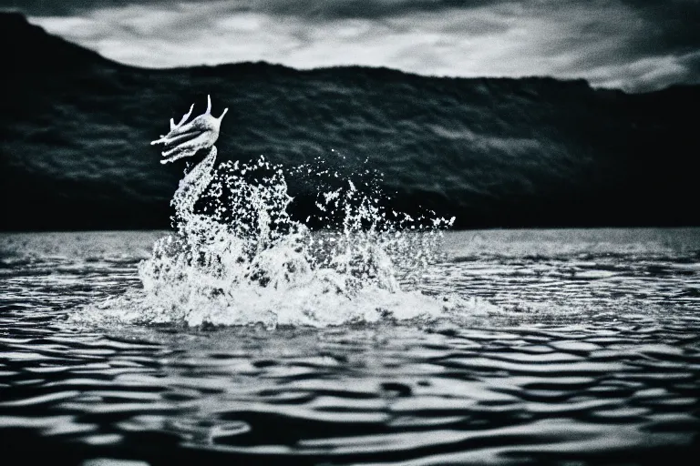 Prompt: a real life sea monster swimming in a lake, sight proof, black and white, blurry, old camera, grainy, motion blur, low focus, full body shot, wide angle