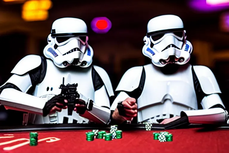 Image similar to a photo of two stormtroopers playing craps in las vegas, ultra wide shot, 2 4 mm, bokeh, blurred background, colorful lights