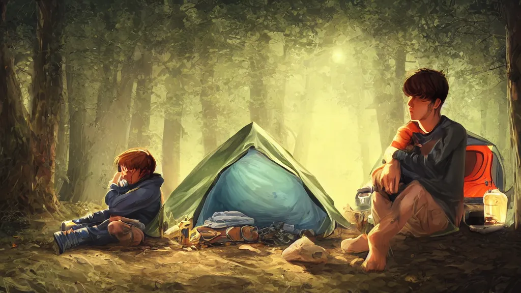 Image similar to an illustration of a sick teenage kid sitting in the door of his tent while camping, with his hands in his hair, fisheye lens, high contrast, highly detailed, sharp focus, digital painting, 3 d art, illustration, trending on artstation,