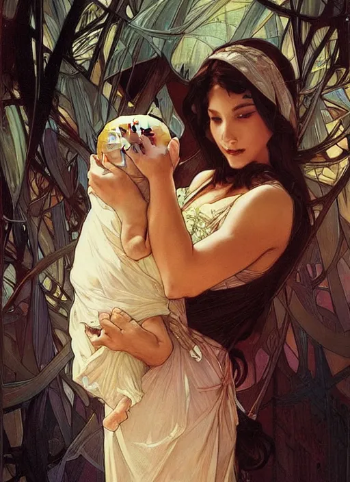 Prompt: a mother cradling her newborn baby, beautiful painting by artgerm and greg rutkowski and alphonse mucha