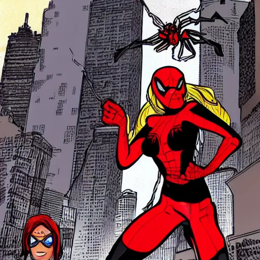 Image similar to very beautiful spiderwoman fights bandits