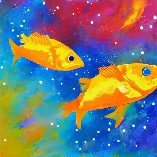 Prompt: fish floating in space, impasto painting