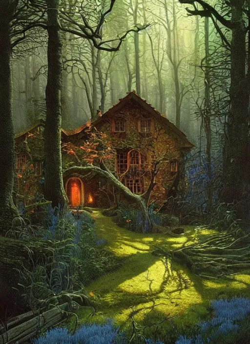 Image similar to hyper realistic witch cottage with mood lighting and technology in the woods gorgeous lighting, sunbeams blue sky, highly detailed, lush forest foliage painting by zdzisław beksinski and norman rockwell and greg rutkowski weta studio, and lucasfilm