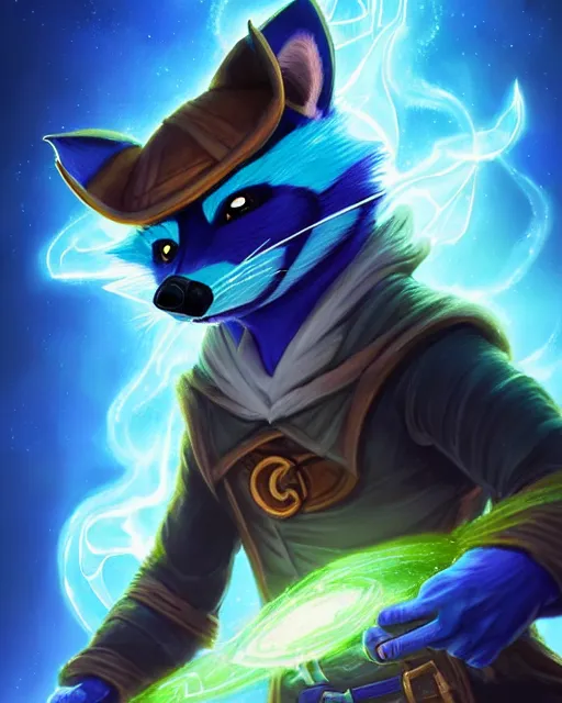 Prompt: closeup, highly detailed digital illustration portrait of hooded sorcerer sly cooper raccoon casting a magical energy sparkling blue glowing spell in an ancient castle, action pose, d & d, magic the gathering, by rhads, frank frazetta, lois van baarle, jean - baptiste monge, disney, pixar,