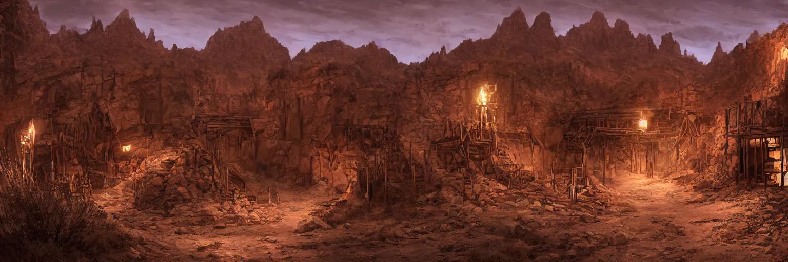 Image similar to an old mine entrances lit by toches in an ancient old wild West town, arizona desert, Dynamic lighting, cinematic, establishing shot, extremely high detail, photo realistic, cinematic lighting, , post processed denoised, concept design, concept art, artstation, matte painting, midjourney, style by alex ross, raphael lacoste, eddie mendoza