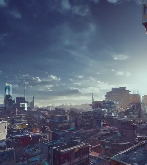 Prompt: sci - fi city rooftop view, blue sky, highly detailed, beautiful light and sunset, photorealistic, octane render