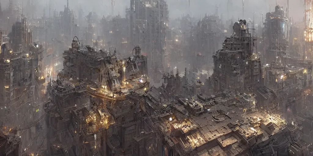 Prompt: a city made from mechanical parts, greg rutkowski, 8 k, shallow depth of field, intricate detail, concept art,