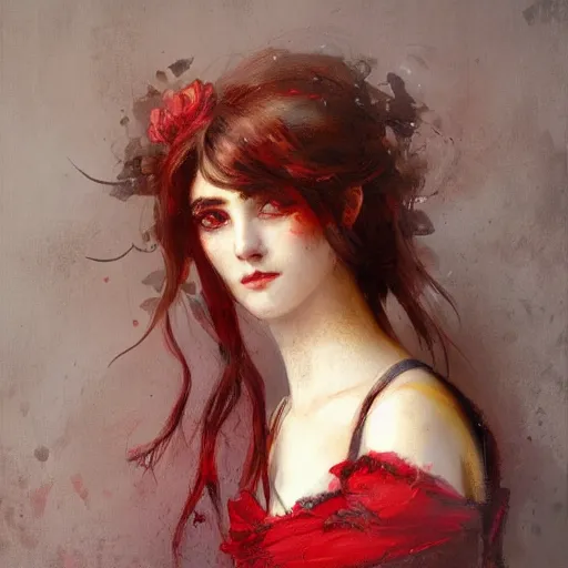 Image similar to Jean-Baptiste Monge and Solomon Joseph Solomon and Richard Schmid and Jeremy Lipking victorian genre painting portrait painting of a young beautiful woman marverl DC comic book character fantasy costume, red background