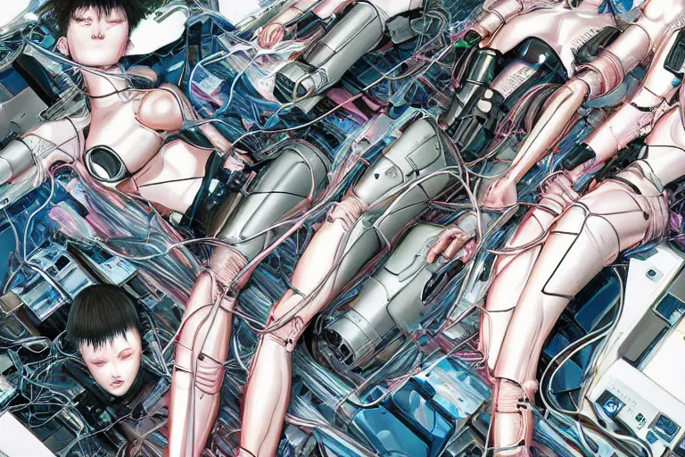 Prompt: a cyberpunk illustration of a group of female androids in style of hajime sorayama, lying on an abstract, empty, white floor with their body parts scattered around and cables and wires coming out, by katsuhiro otomo and masamune shirow, hyper-detailed, intricate, colorful, view from above, wide angle, beautiful