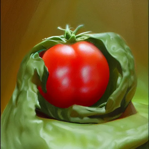 Image similar to a beautiful matte painting of a very beautiful tomato, by steve argyle and mark arian