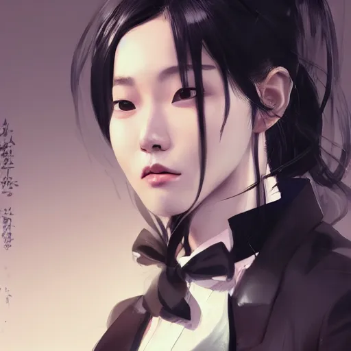 Prompt: portrait of a beautiful korean girl wearing a men's tuxedo, with bangs, long hair and bangs, angular features, angry expression, dramatic lighting, illustration by Greg rutkowski, yoji shinkawa, 4k, digital art, concept art, trending on artstation