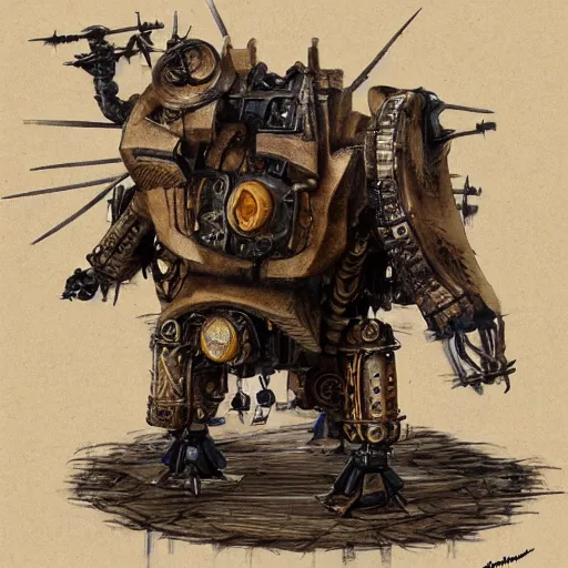 Image similar to a rampaging ashigaru steampunk - inspired mecha boar of bamboo, laquer and steel by brian froud and greg rutkowski