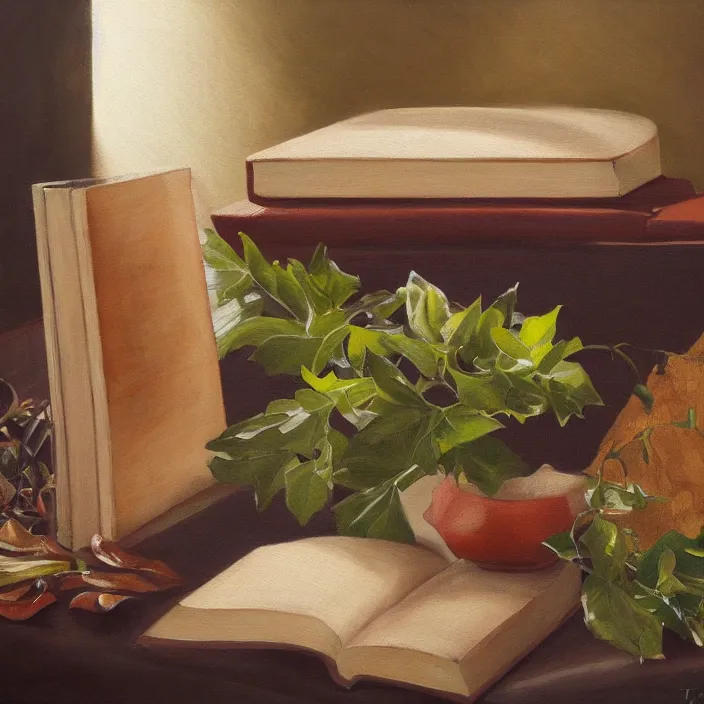 Prompt: still life painting of large book and greenery by tony ackland, oil on canvas, strong lighting, highly detailed, hyper realism, golden hour, god rays, hd, 4 k