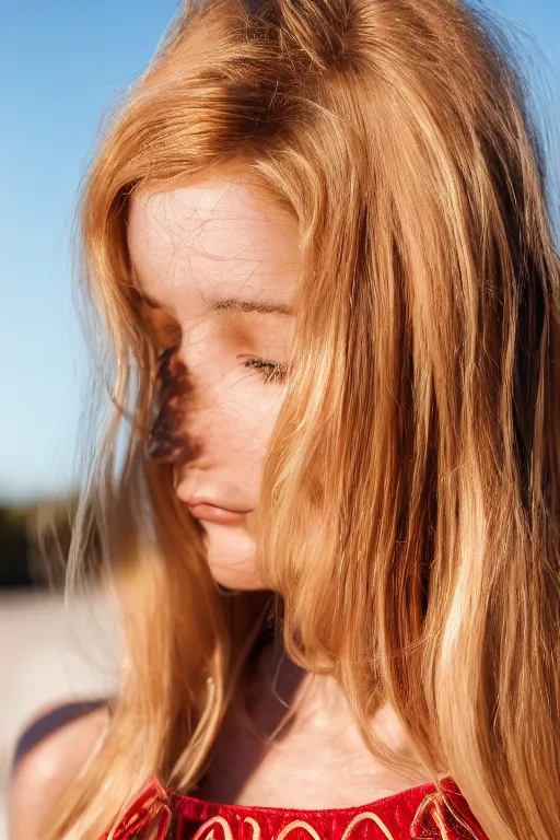 Prompt: olive skinned strawberry - blonde female model in her twenties, wearing a gucci dress, looking content, focused on her neck, photo realistic, extreme detail skin, natural beauty, no filter, slr, golden hour, 4 k, high definition, selfie