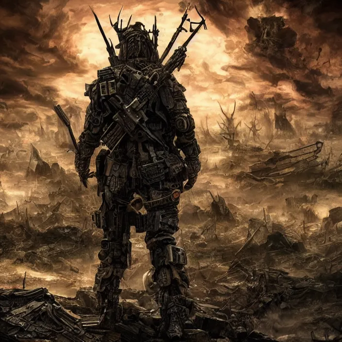 Prompt: apocalyptic man surrounded by weaponry, hyper - detailed, smooth, sharp focus, 4 k ultra hd, fantasy dark art, apocalyptic art