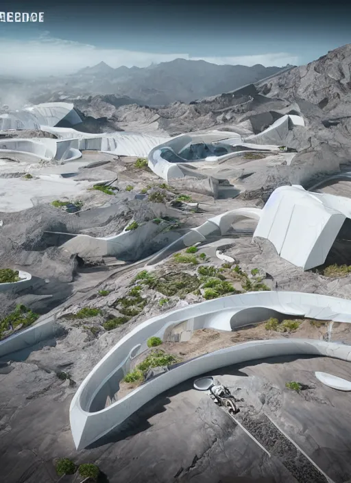 Image similar to bioremediation white mining tailing futuristic architecture in chuquicamata, epic, cinematic, hyperealistic, high detailed, corona render, hdr, ray tracing