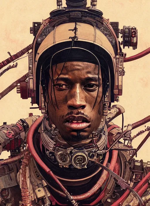 Prompt: a beautiful ukiyo painting of travis scott as a dieselpunk battle space pilot, wearing space techwear, detailed close up portrait, intricate complexity, concept art, by takato yamamoto, wlop, krenz cushart. cinematic dramatic atmosphere, sharp focus, digital full likeness art. center frame