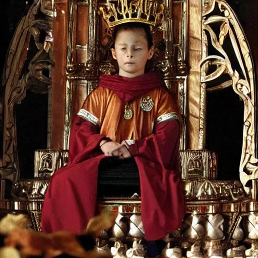 Image similar to on the throne sits a 7 - year - old child who is actually an 8 0 0 - year - old immortal king who is powerful and confident.