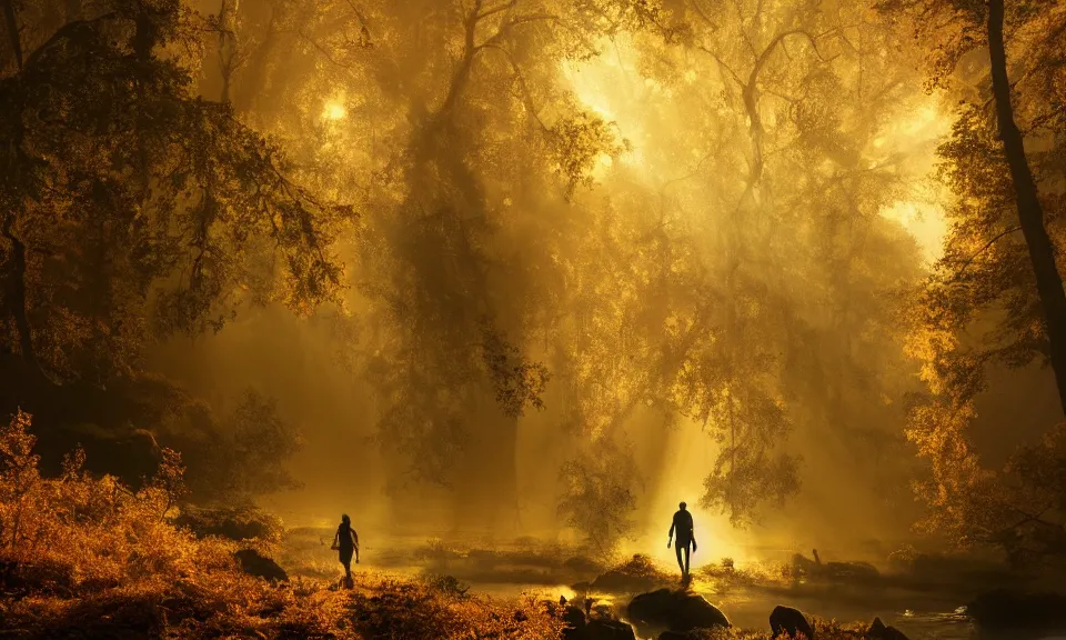 Prompt: A matte painting of an adventurer walking along the river bank in a forest during the golden hour in autumn, surrounded by dust and volumetric light shining through the tree tops