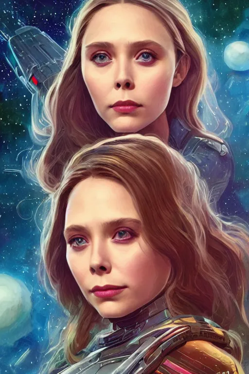 Image similar to young Elizabeth Olsen as a ruggedly beautiful retro SCI-FI space heroine 1985 , intricate, elegant, highly detailed, centered, digital painting, artstation, concept art, smooth, sharp focus, illustration, art by artgerm and donato giancola and Joseph Christian Leyendecker, Ross Tran, WLOP