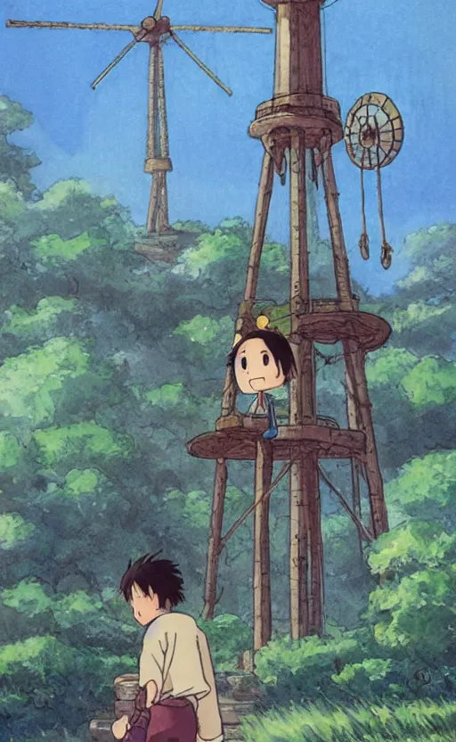 Image similar to a cartoon character is standing in front of a windmillt, concept art by hayao miyazaki, featured on pixiv, fantasy art, official art, 2 d game art, concept art