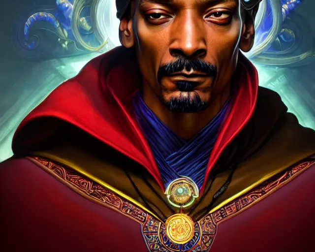 Image similar to snoop dogg doctor strange, refractions, fantasy, intricate, elegant, highly detailed, digital painting, artstation, concept art, matte, sharp focus, illustration, hearthstone, art by artgerm and greg rutkowski and alphonse mucha