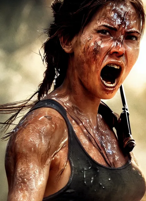 Prompt: a film still of lara croft screaming, her face sweat, direct sun light, close up potrait, cinematic,