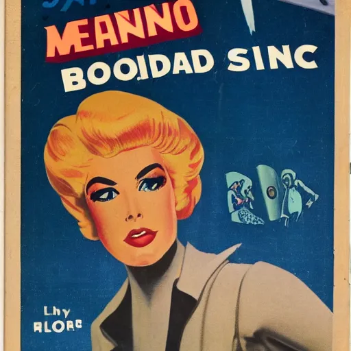 Image similar to menacing robot wearing blonde wig, 5 0's sci fi book cover