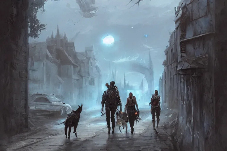 Prompt: a couple walking their dog in lourmarin, in mad max style, stargate, coriolios rpg art style, full of details, dark sci - fi, cold blue colors, matte painting, artstation, 8 k, hyperrealistic, style of peter mohrbacher