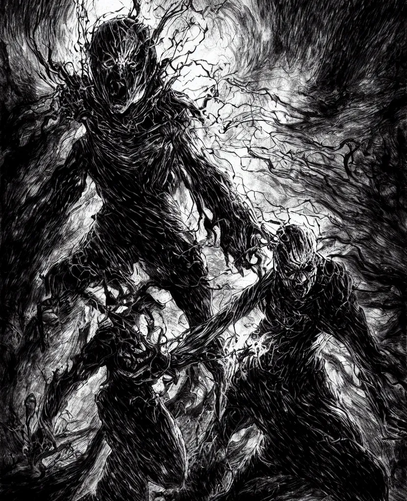 Image similar to a singed scary man with fire bursting out of him, dark colors, sinister atmosphere, dramatic lighting, cinematic, establishing shot, extremely high detail, photo realistic, cinematic lighting, pen and ink, intricate line drawings, by Yoshitaka Amano, Kentaro Miura, Artgerm, post processed, concept art, artstation, matte painting, style by eddie mendoza, raphael lacoste, alex ross