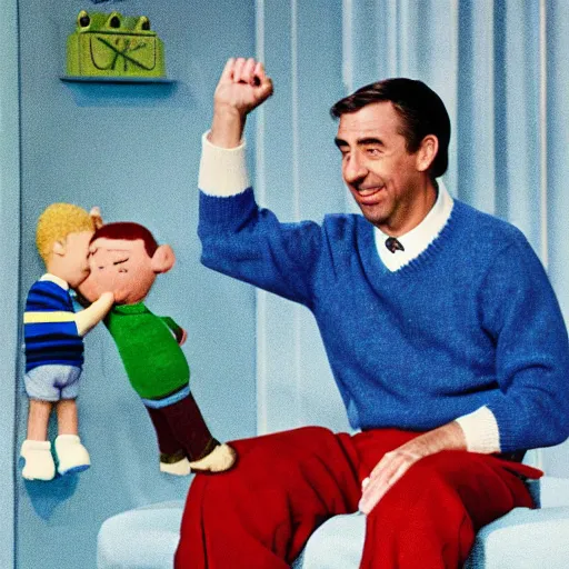 Image similar to fred rodgers, mr. rodgers neighborhood, blue sweater, putting on his shoes,