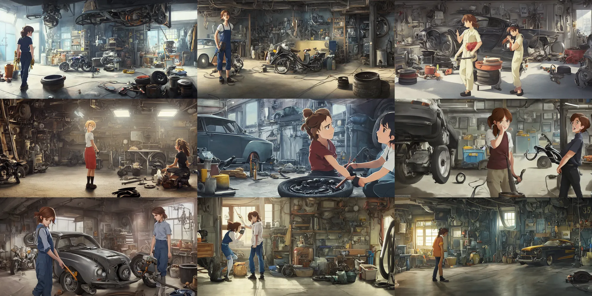 Prompt: a wholesome animation key shot of emma watson as an auto mechanic repairing the tires of a motorcycle in the workshop garage, medium shot, waist up, studio ghibli, pixar and disney animation, sharp, rendered in unreal engine 5, anime key art by greg rutkowski, bloom, dramatic lighting