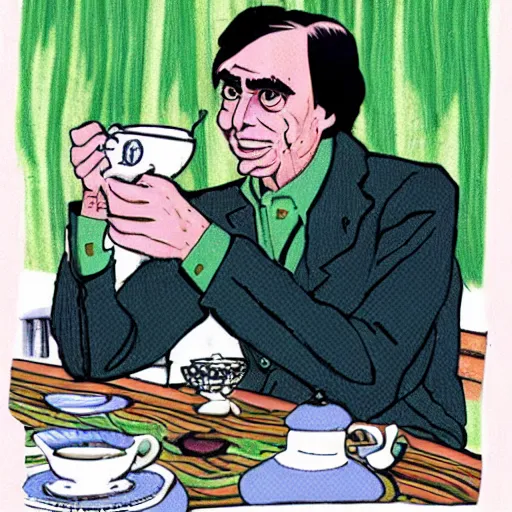 Image similar to carl sagan, green alien, drinking tea in a chinese tea house