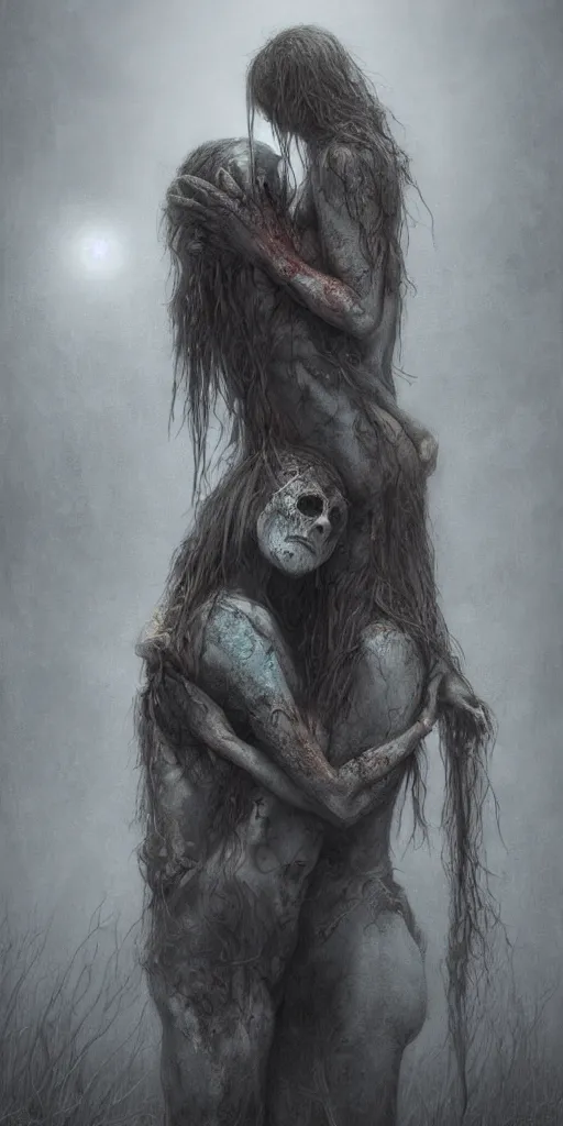 Prompt: death child and women hugging, in the style of keith thompson and zdzislaw beksinski, artstation hd, 8 k, surrealistic digital artwork, post apocalyptic street, new york, psychedelic