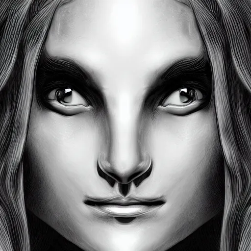 Image similar to medusa portrait marble, black and white, wicked smile, artstation, detailed, blurred background