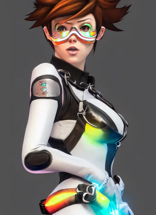 Image similar to portrait bust digital artwork of tracer overwatch, wearing white iridescent rainbow latex and leather straps catsuit outfit, 4 k, expressive happy smug expression, makeup, in style of mark arian, angel wings, wearing detailed black leather collar, chains, black leather harness, detailed face and eyes,
