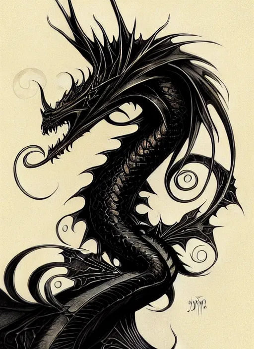 Prompt: an art nouveau, black dragon portrait in the style of charlie bowater, and in the style of donato giancola, and in the style of charles dulac. very large, clear, expressive, intelligent eyes. symmetrical, centered, ultrasharp focus, dramatic lighting, photorealistic digital painting, intricate ultra detailed background.