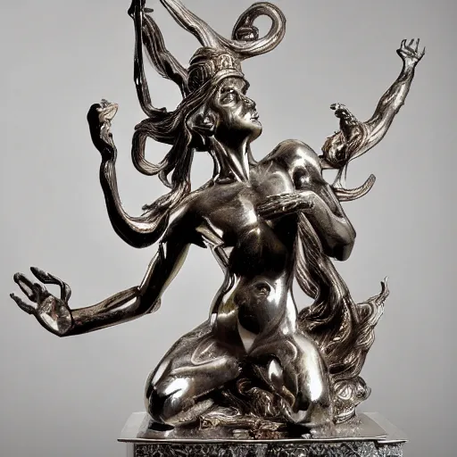 Prompt: a dramatic scene of a shivah statue sculpted in polished bismuth by Bernini