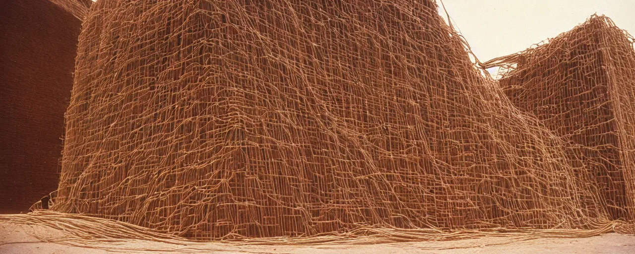 Image similar to spaghetti overflowing an ancient mesopotamian ziggurat, architectural, minimal, canon 5 0 mm, wes anderson film, kodachrome