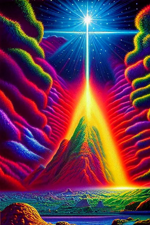Prompt: a photorealistic detailed image of a beautiful vibrant iridescent future for human evolution, spiritual science, divinity, utopian, by david a. hardy, lisa frank, bob ross, wpa, public works mural, socialist