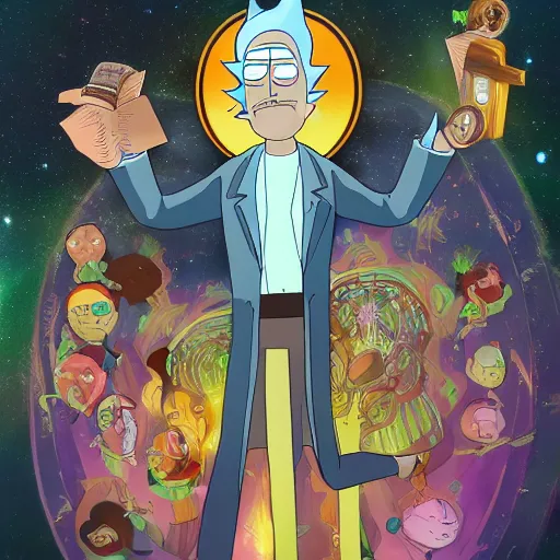 Prompt: The Sapiential sage dreaming with magical reflections of knowledge lost in time ultra high quality in the style of Rick and Morty