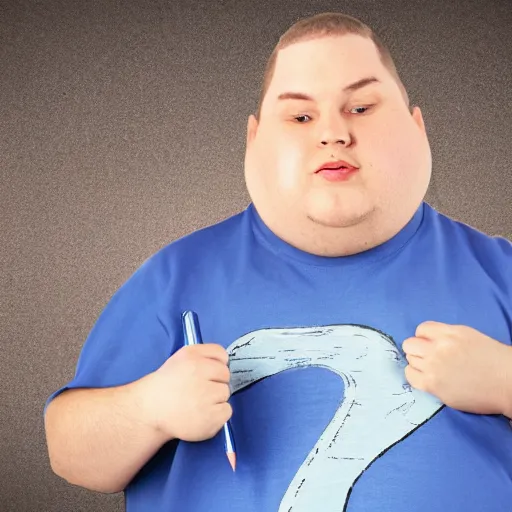 Image similar to very obese man with a t-shirt and blue cap with the letter P, holding a pencil