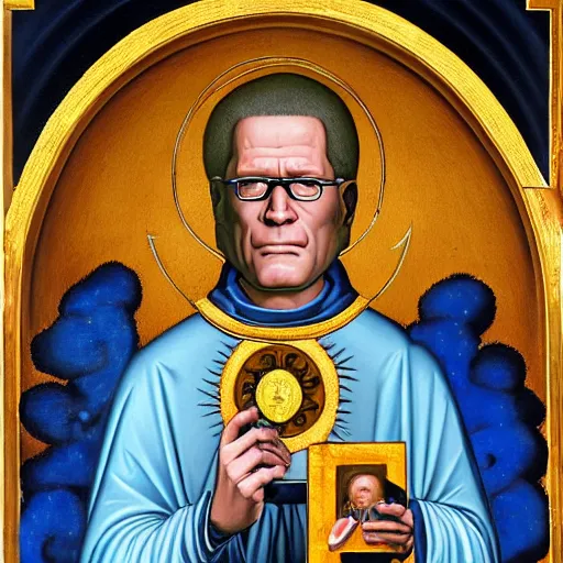 Image similar to hank hill as the saint of propane surrounded by blue fire, renaissance religious painting, painting by carlo crivelli, late gothic religious paintings, byzantine religious art, trending on artstation