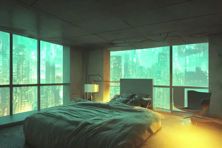 Image similar to futuristic bedroom, brutalist, ceiling high windows, cyberpunk, cityscape, neon lights, night, raining, volumetric light