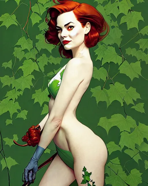 Prompt: joshua middleton, phil noto, norman rockwell, artgerm, emma stone poison ivy dc comics, vines, symmetrical eyes, city rooftop