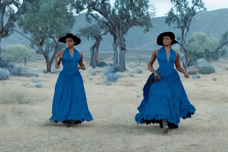 Prompt: 4 k still of tessa thompson wearing a blue dress on an old west plantation in westworld, detailed, photorealistic