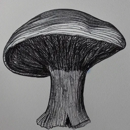 Prompt: mushroom, sketch, illustration, cross hatched, black ink on white paper