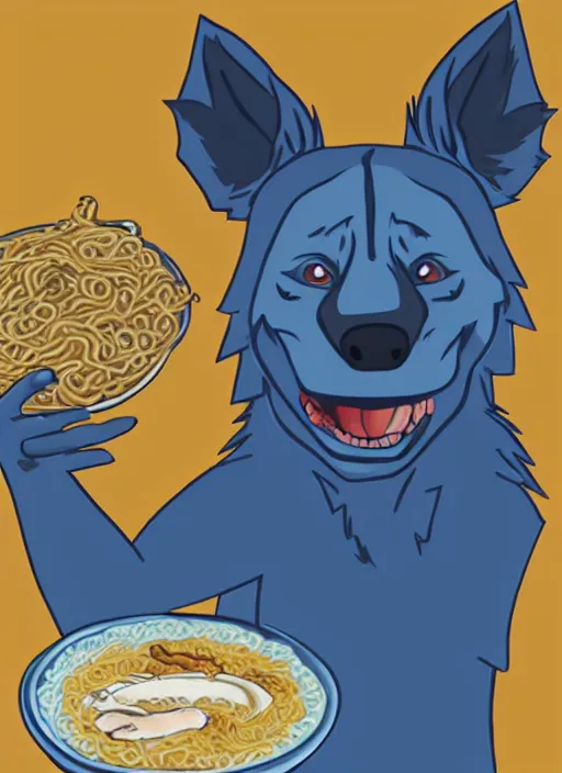 Image similar to An anthropomorphic blue hyena holding a block of ramen